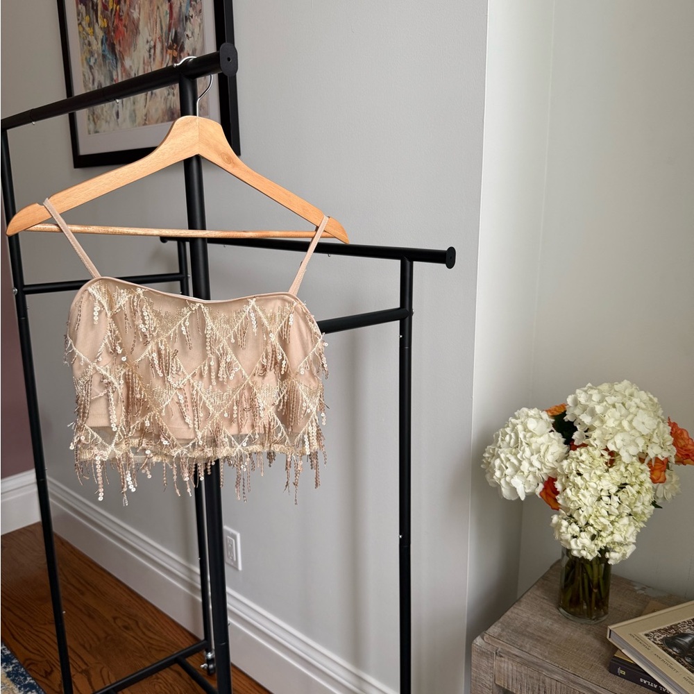 Beaded Fringe Nude Crop Tank Top